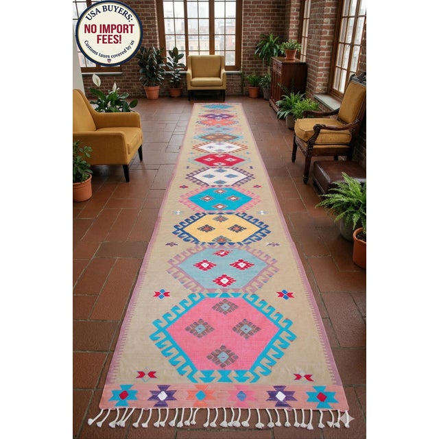 Contemporary Handmade Silk Flatweave Turkish Kilim Stair Runner Rug Gallery Runner - 3′1″ X 25′2″ For Sale - Image 3 of 17
