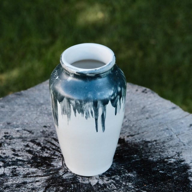 Stoneware vase, wheel-thrown from white stoneware and coated with "Satin White Liner" inside and "Charcoal" glaze outside....