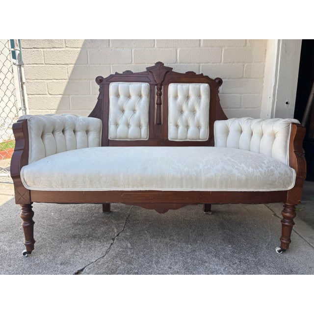 Victorian Antique Eastlake Style Settee / Couch / Loveseat on Casters For Sale - Image 3 of 9