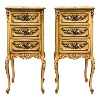 Victorian Cottage Style Marble Top Chests Side Tables W/ Floral Barbola Swags - Pair For Sale