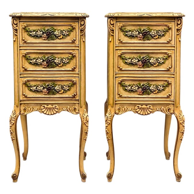 Victorian Cottage Style Marble Top Chests Side Tables W/ Floral Barbola Swags - Pair For Sale