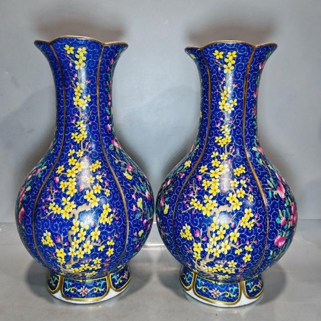 Pair of Chinese Deep Blue Famille Rose Plum Blossom Floral Vases, Chinoiserie Decor Vessels For Sale - Image 4 of 9