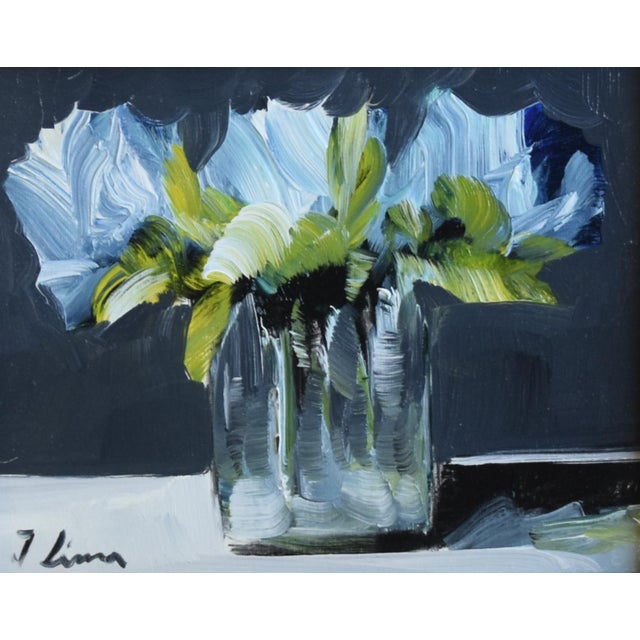 Soft Blue Bouquet of Flowers Oil Painting Including the Antiqued Gold Wood Frame For Sale - Image 4 of 7
