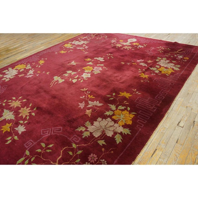 1920s 1920s Deep Red Field Floral Greek Key Antique Chinese Art Deco 8'10" X 11'6" Rug For Sale - Image 5 of 9