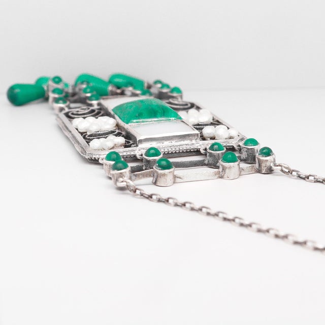 Antique Theodor Fahrner Sterling Silver, Malachite, & Pearl Jugendstil Necklace For Sale - Image 10 of 17