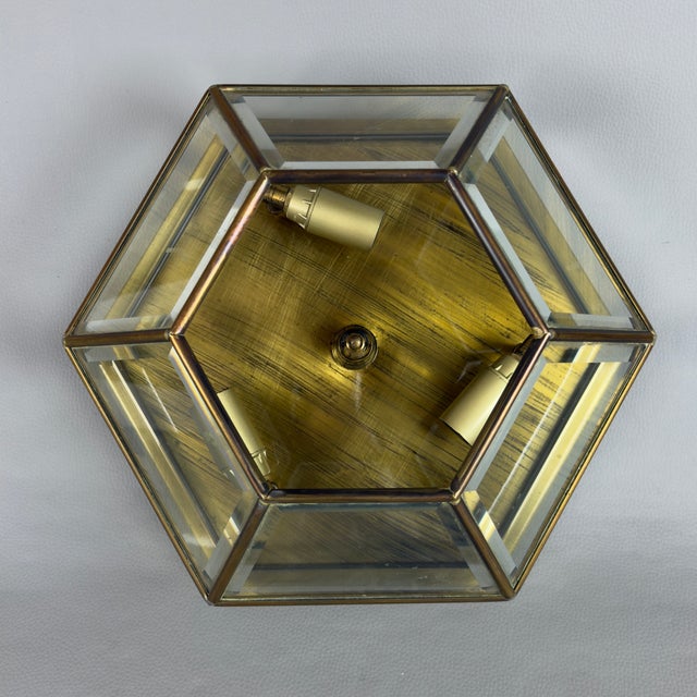 1970s Vintage Hexagonal Brass Ceiling Lamp with Beveled Glass, 1970s For Sale - Image 5 of 10