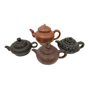 Early 20th Century Chinese Yixing Zisha Diminutive Teapots With Reticulated Lids- Set of 4