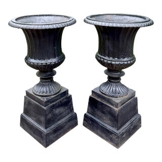 Pair English Neoclassical Black Cast Iron Campana Garden Urns on Plinths, Circa 1880 For Sale