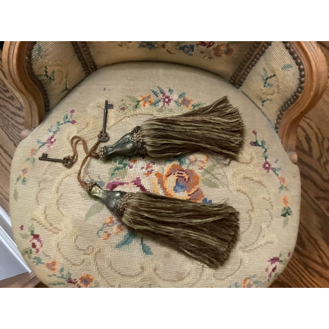 Textile Pair of Oversized Passementerie Silk Tassels With Antique Keys & Heavy Cast Tops - Grandmillennial, Palm Beach Regency, Traditional. See Pics! Set #2 For Sale - Image 7 of 7