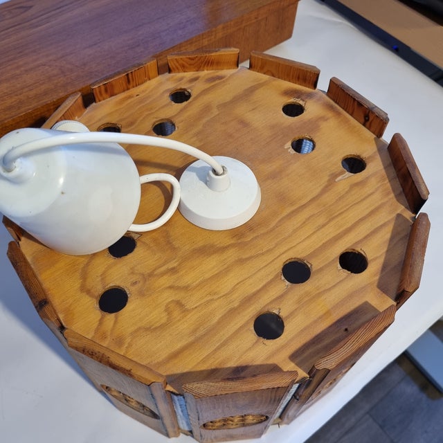 Wood 1970s Mid Century Modern Swedish Pine & White Hessian Pendant Lamp For Sale - Image 7 of 7