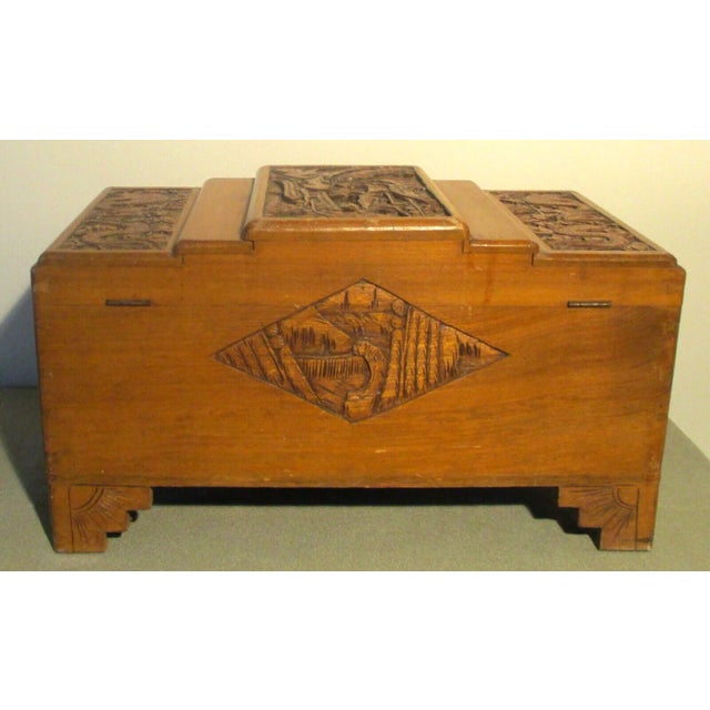 Wood 1920s Antique Large Oriental Hand Carved Dragon Stepped Top Camphor Box For Sale - Image 7 of 13