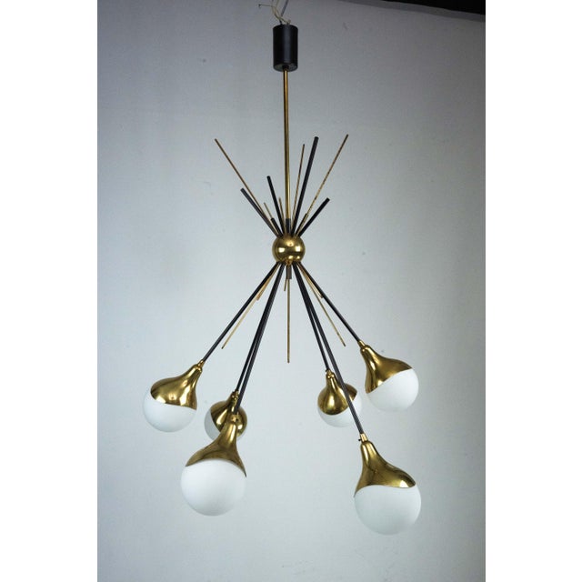 Mid-Century Italian Brass and Opaline Glass Chandelier from Stilnovo, 1950s For Sale - Image 15 of 16