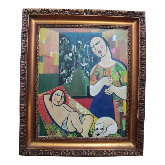 1960s Béla Kádár (Attr.) — Modernist Figural Composition With Reclining Nude and Cat For Sale