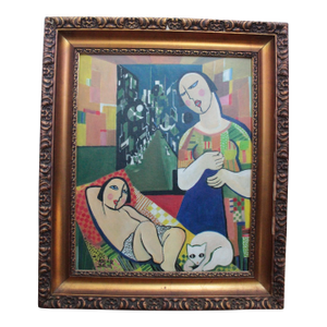 1960s Béla Kádár (Attr.) — Modernist Figural Composition With Reclining Nude and Cat