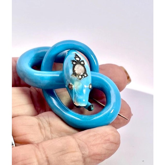 Baby Blue Antique Circa 1890 Enamel Diamond Snake Brooch, 38.4g Gold, Blue For Sale - Image 8 of 9