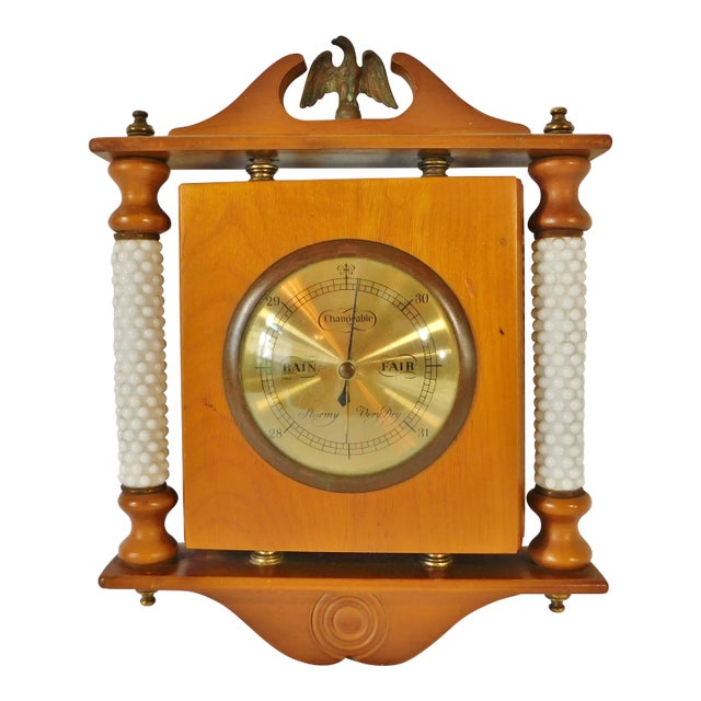Vintage Mid Century Germany Solid Oak Wood Brass Eagle Finial Hobnail Milk Glass Weather Station Wall Plaque For Sale