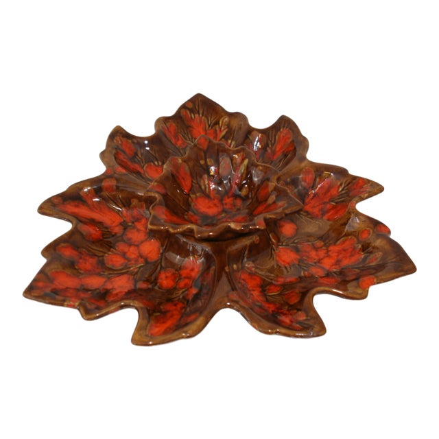 Vintage 60s Orange & Brown Holland Mold Hand-Crafted Leaf Shaped Divided Serving Set - 2 Pieces For Sale