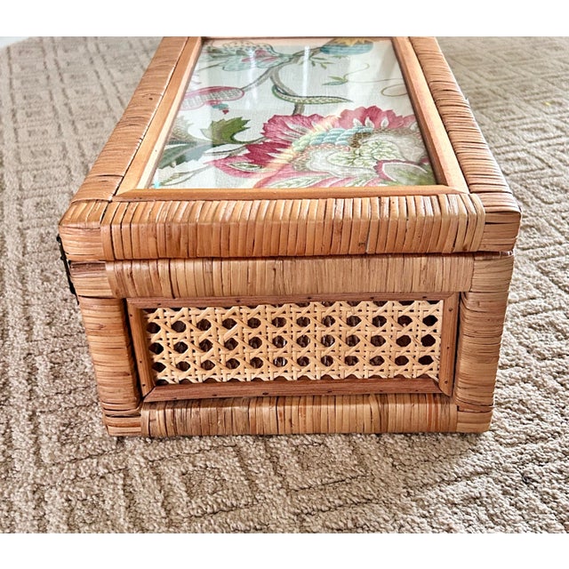 1970s Intage Rattan Cane Glass Top Storage Box With Designer Fabric Insert For Sale - Image 5 of 13