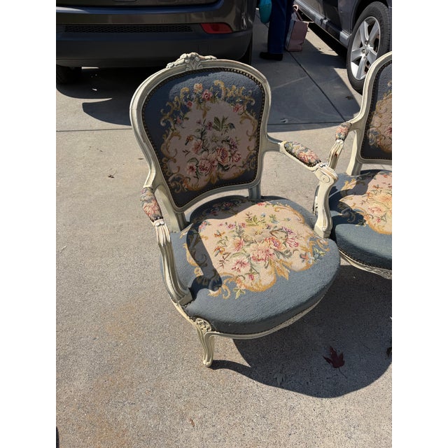 French Antique French Louis XV Style Needlepoint Arm Chairs Pastoral Scene Tap Pair For Sale - Image 3 of 10