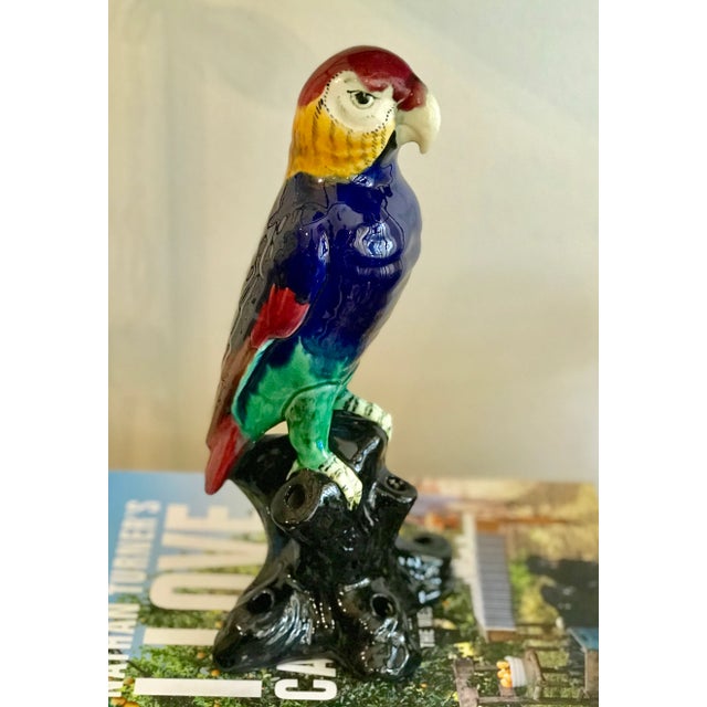 Hollywood Regency Vintage Glazed Ceramic Parrot Figurine For Sale - Image 3 of 10