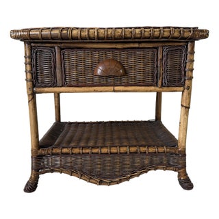 Vintage Coastal Organic Bamboo & Woven Wicker One-Drawer Nightstand For Sale