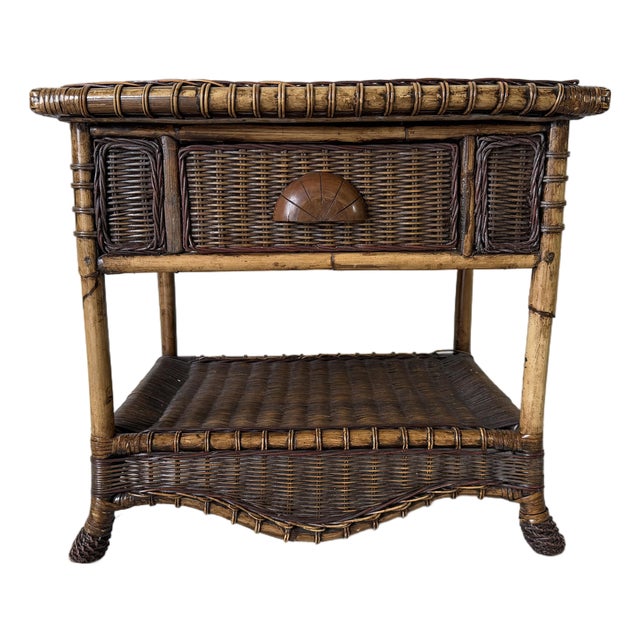 Vintage Coastal Organic Bamboo & Woven Wicker One-Drawer Nightstand For Sale