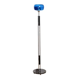 1960s Danish Modern Nickel & Black Enamel Floor Lamp With Blue Glass Shade For Sale