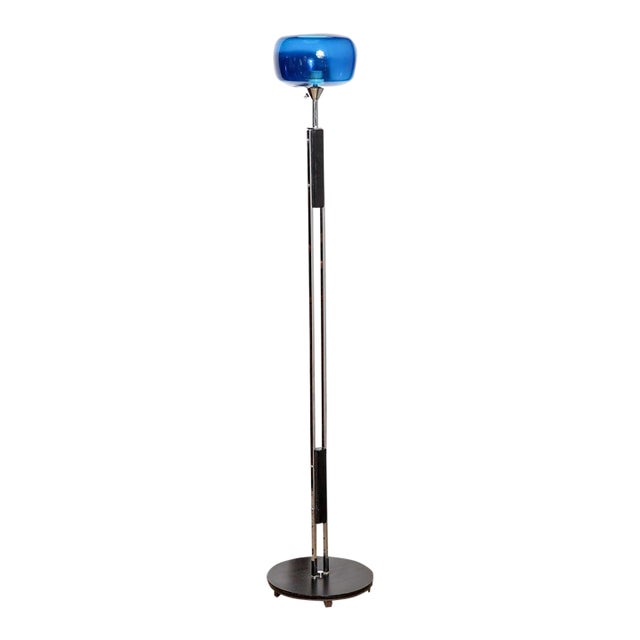 1960s Danish Modern Nickel & Black Enamel Floor Lamp With Blue Glass Shade For Sale
