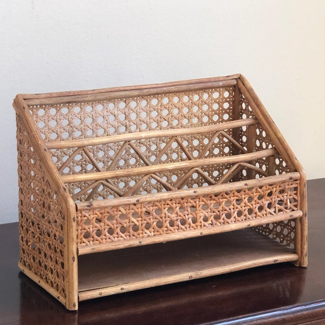 This small mid-20th century wood and cane is the perfect size to hold papers, mail and other small items on a desk,...
