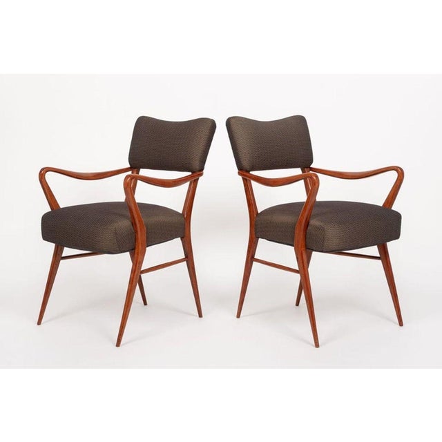 Mid-Century Modern Pair of Mid Century Modern Wood & Brown Upholstered Arm Chairs, 1950s For Sale - Image 3 of 11