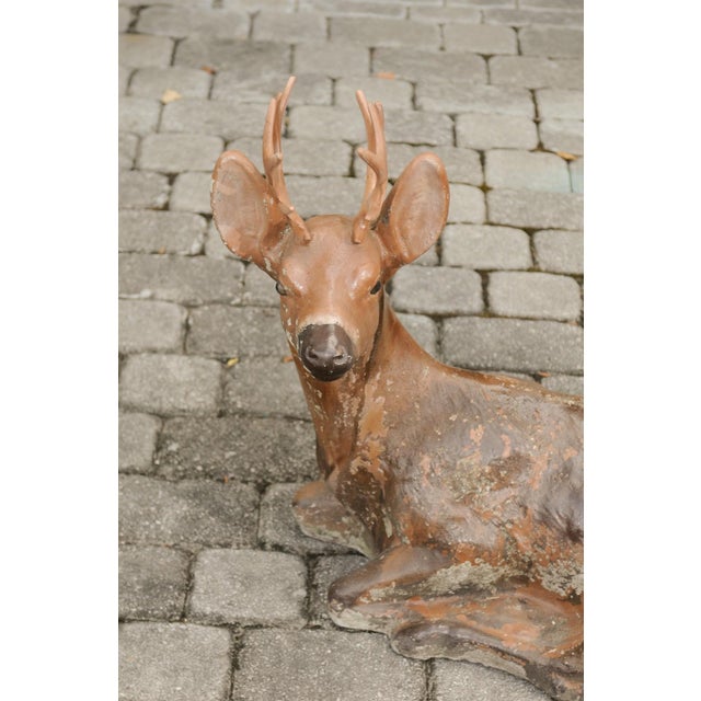 American Vintage American Concrete Reclining Deer Sculpture with Iron Antlers and Patina For Sale - Image 3 of 11