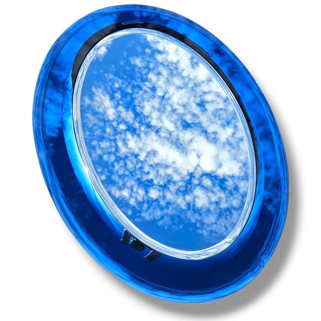 Extremely Rare Cristal Arte Italian Dual-Tone Mirror – Clear Beveled Oval With Blue Mirrored Border For Sale In Dallas - Image 6 of 14