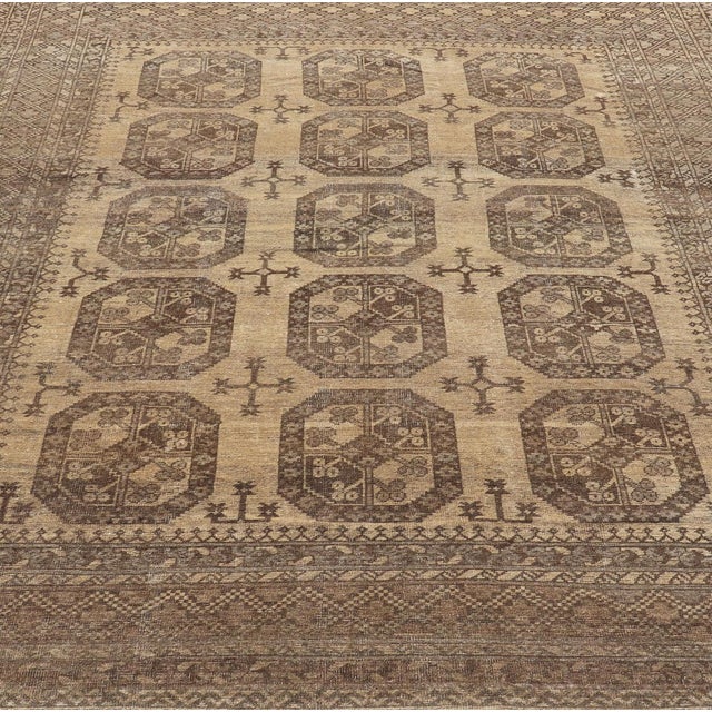 Square shape Vintage Turkomen Ersari rug with Gul design in brown, gray, tan &amp; sand colors. Keivan Woven Arts; rug...