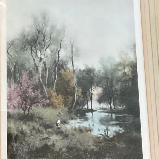 Decorative print, hand colored engraving from Marad Wall-Decor Corp, vintage 1960s A moody backwater landscape in the...