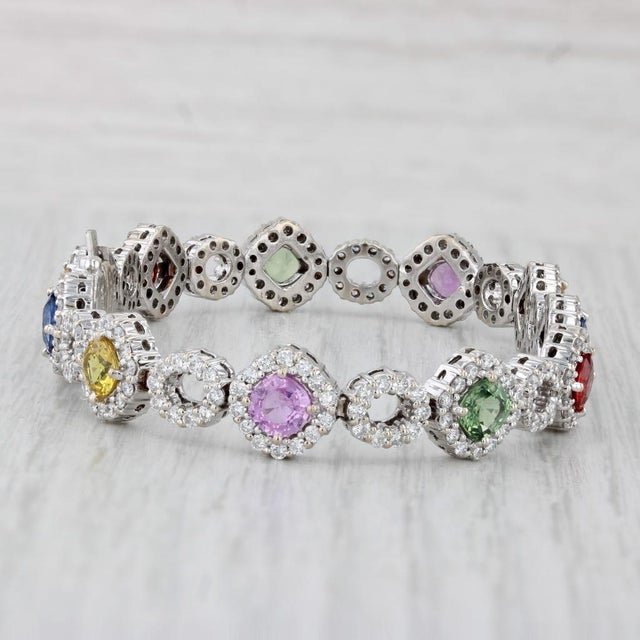 15.62ctw Multicolor Sapphire Diamond Tennis Bracelet 18k White Gold 6.75" For Sale In Greensboro - Image 6 of 10