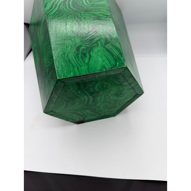 2000 - 2009 Handmade Handpainted Hexagonal Wooden Wastebasket Faux Malachite Green For Sale - Image 5 of 12