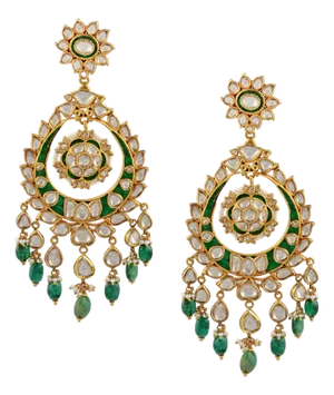 Traditional Kundan Polki Rose Cut Diamond 18 Kt Gold Chand Bali Enamel + Emerald