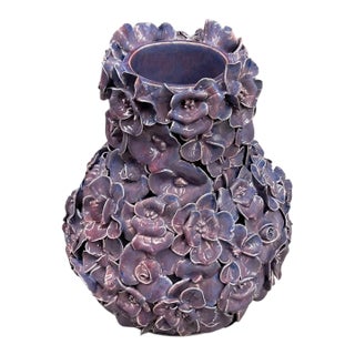Vintage Italian Hand-Sculpted Floral Ceramic Vase - Purple Glazed Encrusted Blossom Urn For Sale