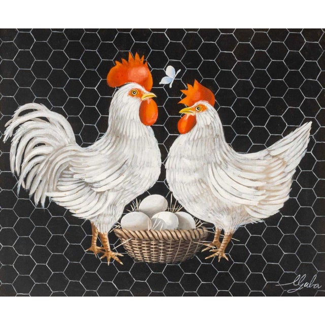 20th Century School, Chickens and Eggs, Oil on Canvas, signed lower right, silver-tone metal frame. Image: 19.75" H x...