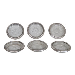 Leonard Italy Silverplated Crystal Sunburst Star Glass Coasters Set of Six 4597b For Sale