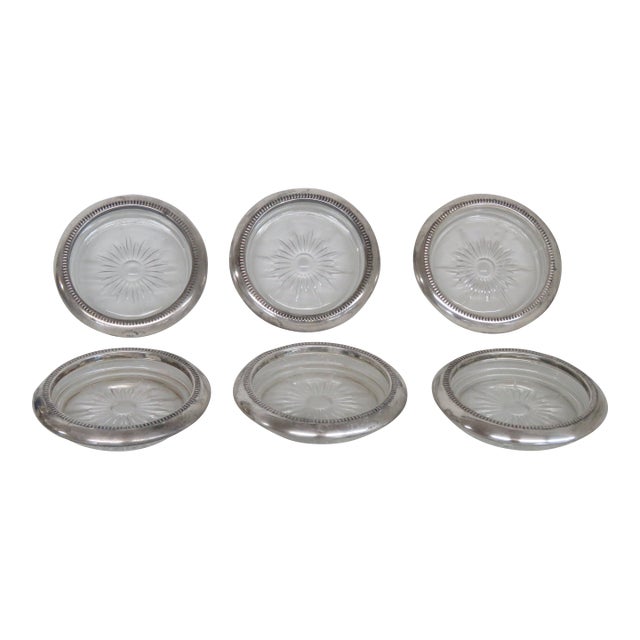 Leonard Italy Silverplated Crystal Sunburst Star Glass Coasters Set of Six 4597b For Sale