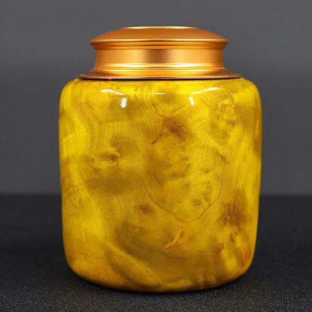 Vintage Chinese Golden Phoebe Wood Tea Caddy | Burl Wood Canister With Brass Lid For Sale - Image 4 of 9