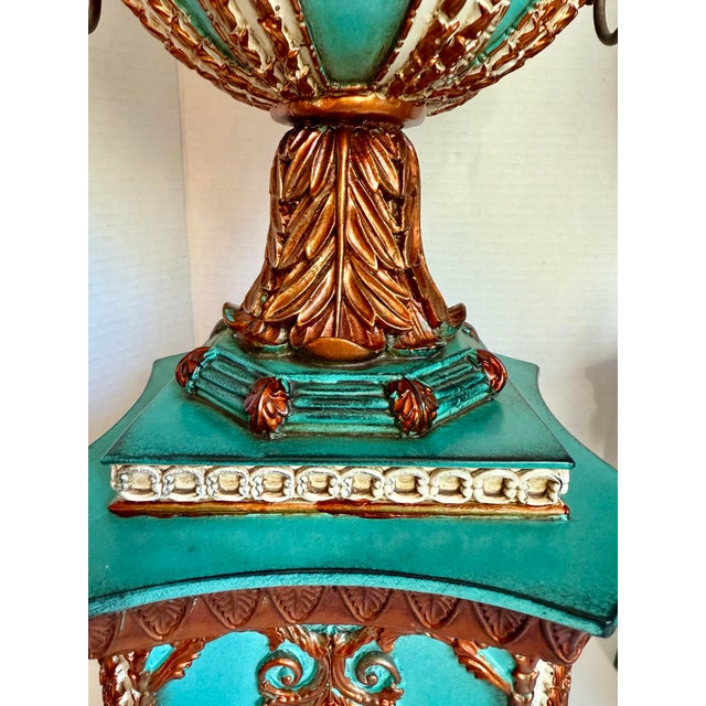 Late 20th Century Pair Lam Lee Group Neoclassical Style Turquoise & Copper Lidded Urn Mantel Vases For Sale - Image 5 of 12