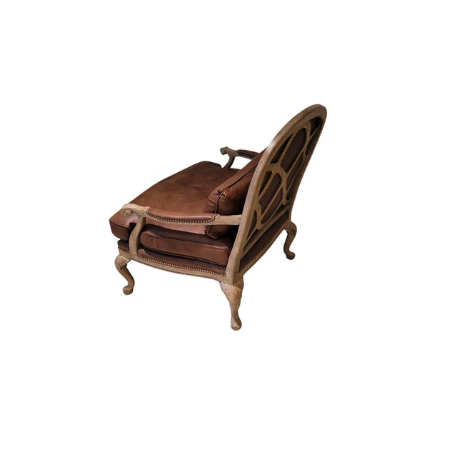 French Louis XV Revival Leather Fauteuil Lounge Chair With Pierced Fretwork Back For Sale - Image 11 of 14