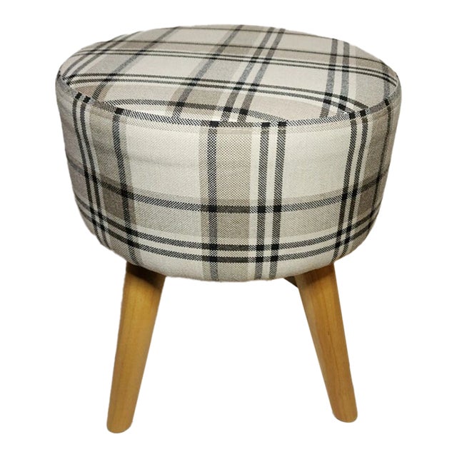Vintage Plaid Upholstered 4-Legged Ottoman Footstool For Sale