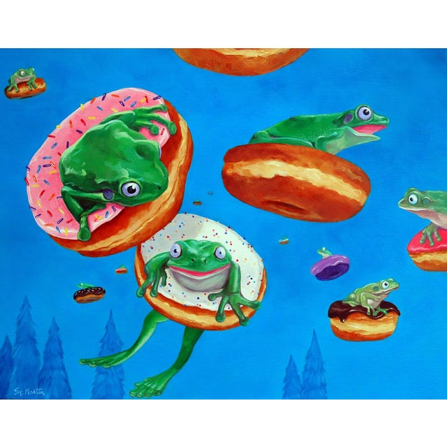 It Wasn't a Tuesday by Corina St. Martin | Oil on cradled wood panel Frogs on donuts in a blue background For Sale