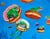 It Wasn't a Tuesday by Corina St. Martin | Oil on cradled wood panel Frogs on donuts in a blue background For Sale