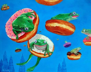 It Wasn't a Tuesday by Corina St. Martin | Oil on cradled wood panel Frogs on donuts in a blue background