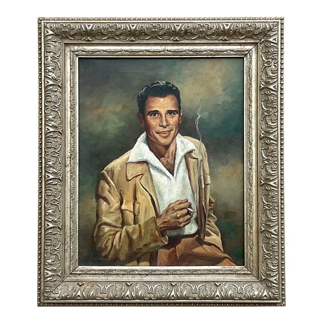 Vintage MCM Original Oil Portrait of Handsome Man For Sale