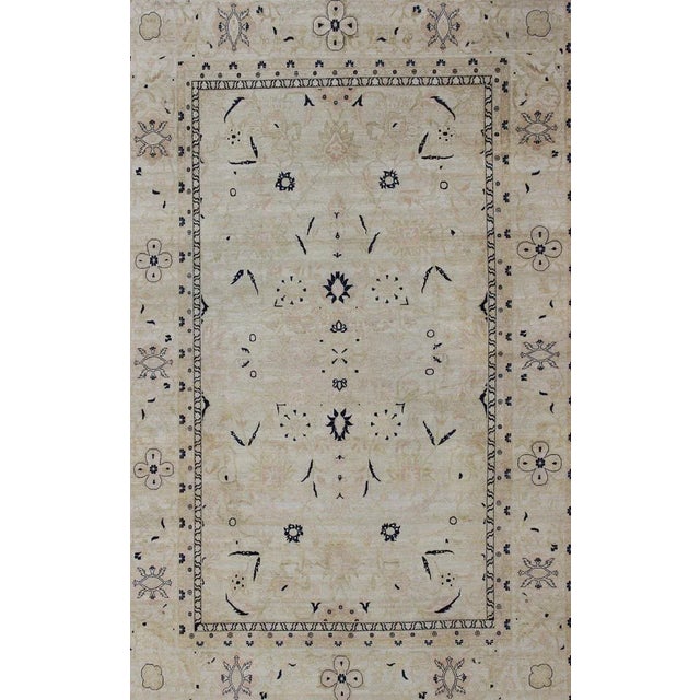 Traditional Vintage Tabriz Rug With Beige Field and Deep Indigo Accents Geometric Design For Sale - Image 3 of 13